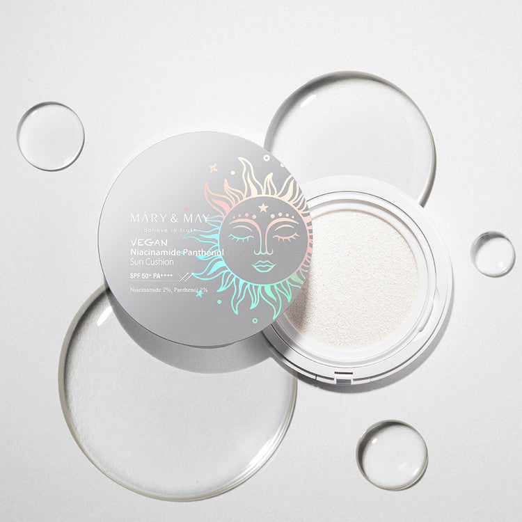 Mary and May Sun cushion, 50+ SPF50+PA++++. Zinc Oxide (UVA1- en UVA2, UVB), Titanium Dioxide (UVA2 en UVB).