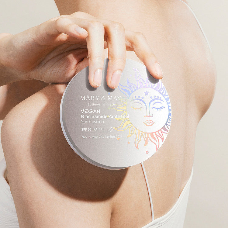Mary and May Sun cushion, 50+ SPF50+PA++++. Zinc Oxide (UVA1- en UVA2, UVB), Titanium Dioxide (UVA2 en UVB).