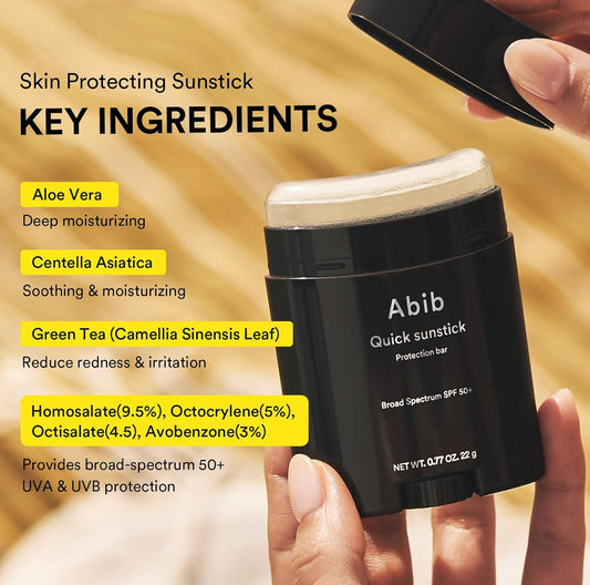 Abib Barra de protección rápida SPF50+ 0.77 oz (22 g) (brillante), protector solar coreano, sin Whitecast, barra solar protectora, extracto de centella asiática, extracto de aloe