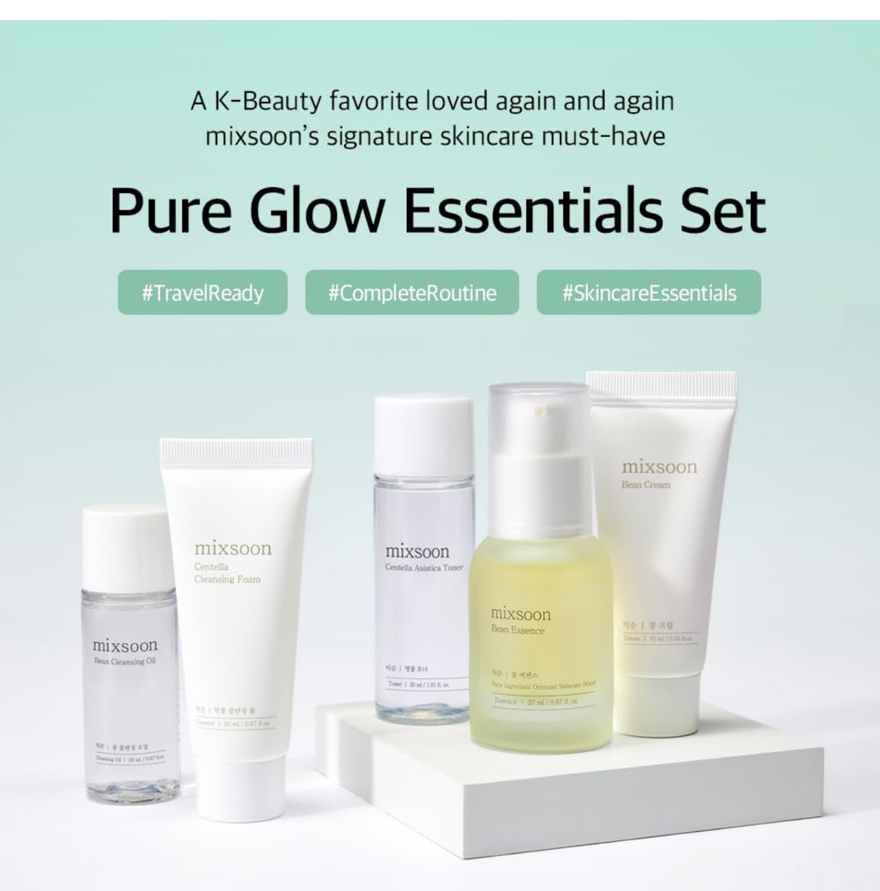 mixsoon Pure Glow Essentials - Juego de 5 pasos para el cuidado de la piel, suave e hidratante, para todo tipo de piel, 5 artículos de vidrio coreano para el cuidado de la piel, 29.57 onzas líquidas