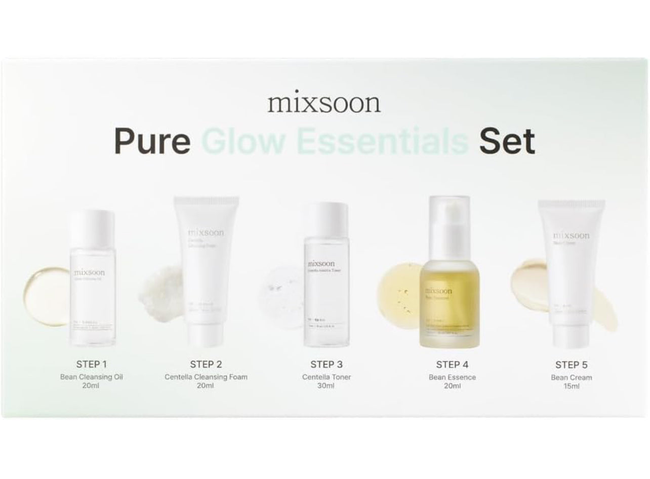 mixsoon Pure Glow Essentials - Juego de 5 pasos para el cuidado de la piel, suave e hidratante, para todo tipo de piel, 5 artículos de vidrio coreano para el cuidado de la piel, 29.57 onzas líquidas
