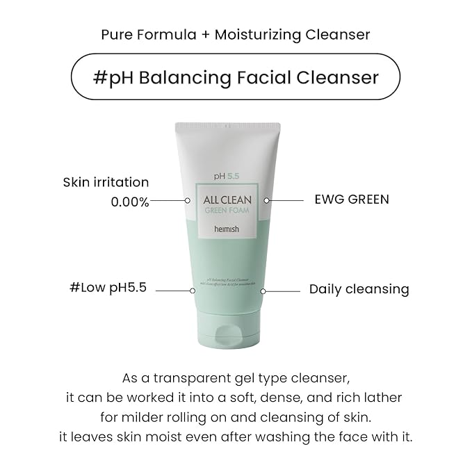 HEIMISH All Clean Green Foam Limpiador facial hidratante de espuma verde, limpiador de gel suave hidratante, lavado facial diario para pieles sensibles con aminoácidos, pH 5.5, para doble limpieza,