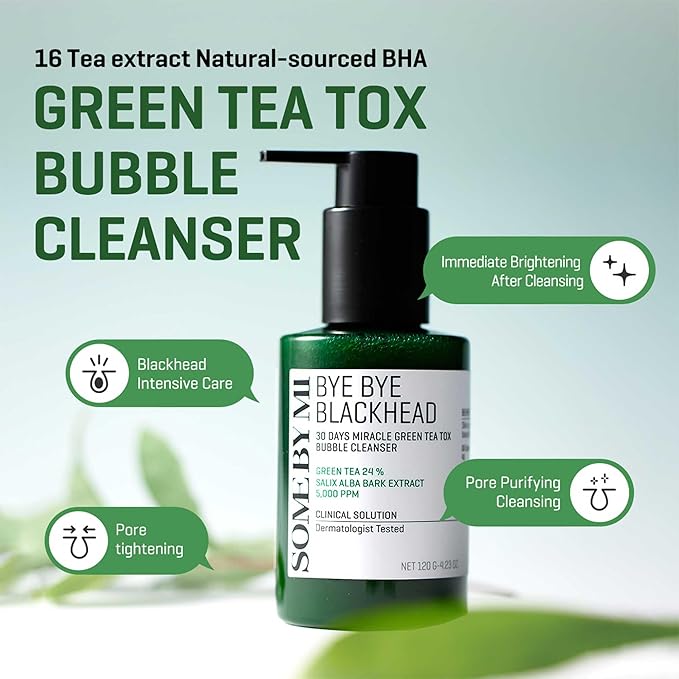 SOME BY MI Bye Bye Blackhead 30 Days Miracle Green Tea Tox Bubble Cleanser - 4.23 onzas, 4.23 onzas, lavado facial coreano y máscara facial de burbujas, minimizador diario de poros para eliminar