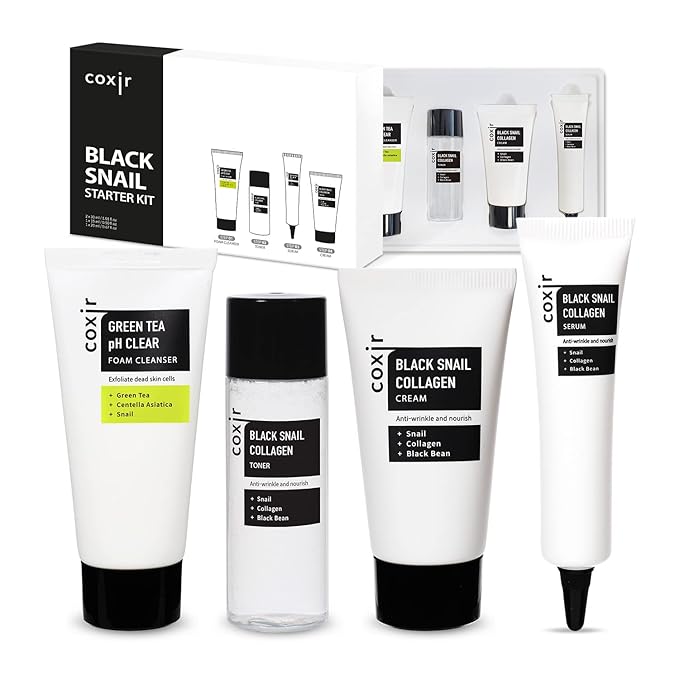 Kit de inicio de colágeno de caracol negro coxir - Limpiador, tóner, suero y crema | Juego de reparación de la piel de mucina de caracol y mucina, rutina de belleza coreana hidratante para mujeres