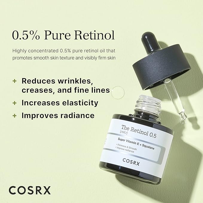 COSRX Aceite de retinol 0.5, suero antienvejecimiento con tratamiento de retinoides al 0.5% para la cara, reduce arrugas, líneas finas y signos de envejecimiento, cuidado suave de la piel para el día