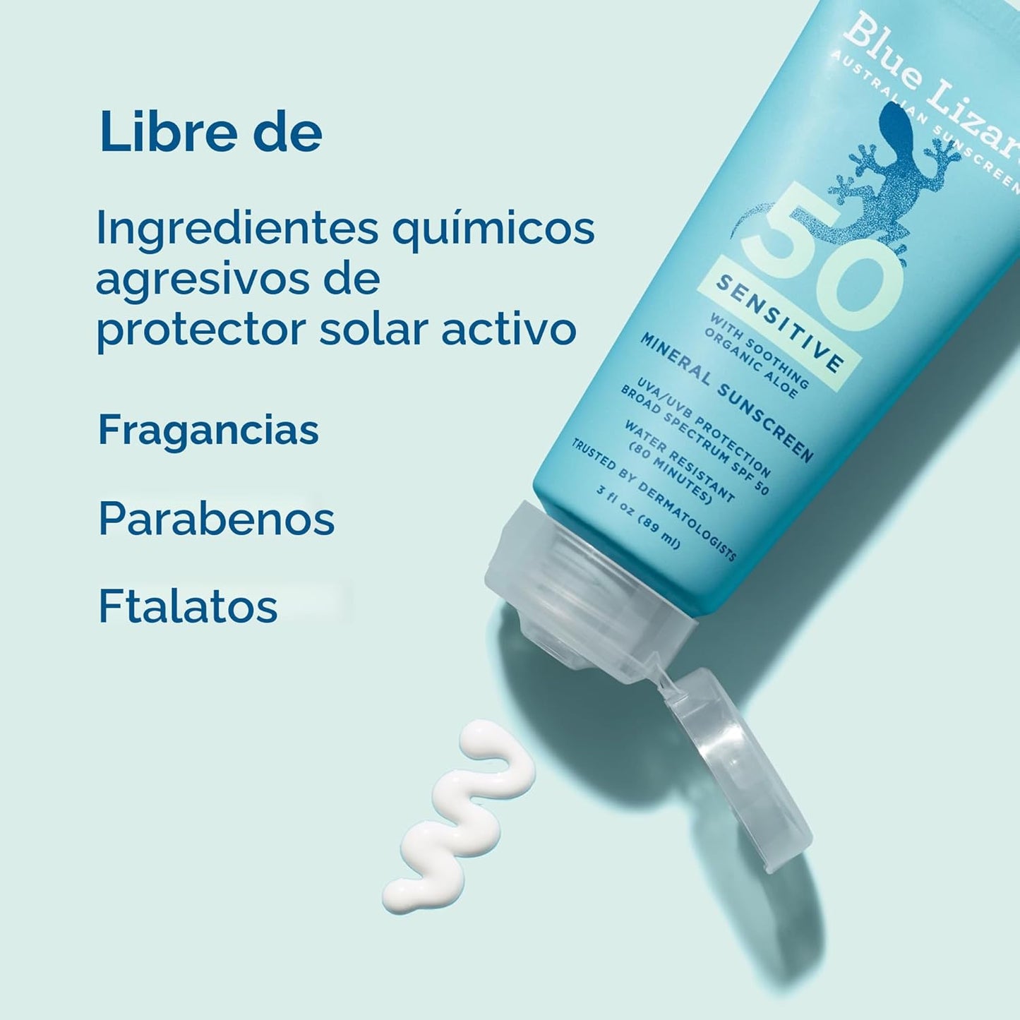 Blue Lizard - Protector solar mineral SENSIBLE con óxido de zinc, SPF 50+, resistente al agua, protección UVA/UVB con tecnología Smart Cap – Sin fragancia, tubo de 3 onzas