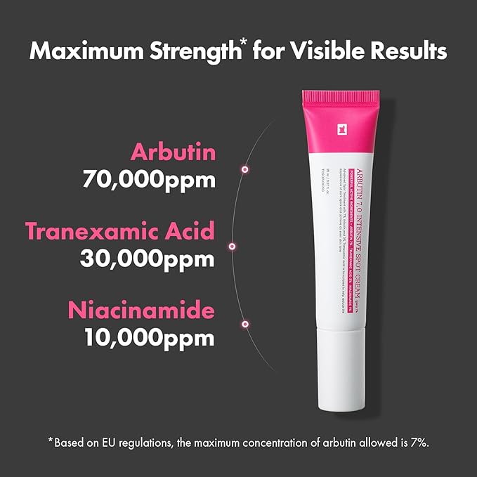 Arbutin 7% Crema intensiva para manchas con 70,000 ppm de arbutina, 3% ácido tranexámico, 1% niacinamida, glutatión, manchas oscuras, pecas, manchas, antipigmentación