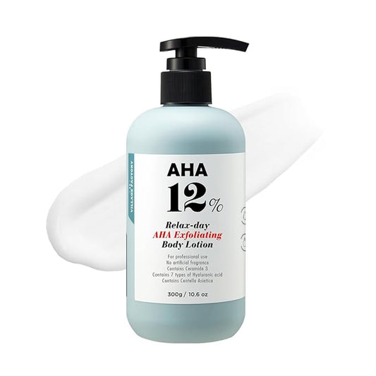 V11FACTORY AHA Loción corporal con 12% de ácido glicólico, crema corporal exfoliante e hidratante coreana con ácido hialurónico y colágeno, sin perfume, hidratante suavizante de la piel sin parabenos
