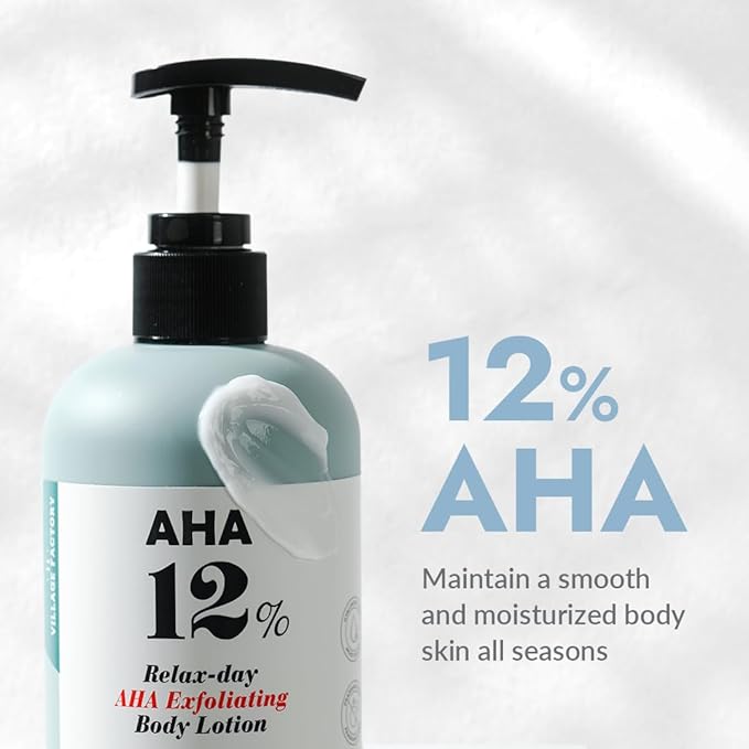 V11FACTORY AHA Loción corporal con 12% de ácido glicólico, crema corporal exfoliante e hidratante coreana con ácido hialurónico y colágeno, sin perfume, hidratante suavizante de la piel sin parabenos