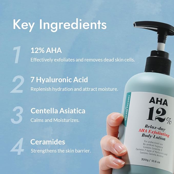 V11FACTORY AHA Loción corporal con 12% de ácido glicólico, crema corporal exfoliante e hidratante coreana con ácido hialurónico y colágeno, sin perfume, hidratante suavizante de la piel sin parabenos