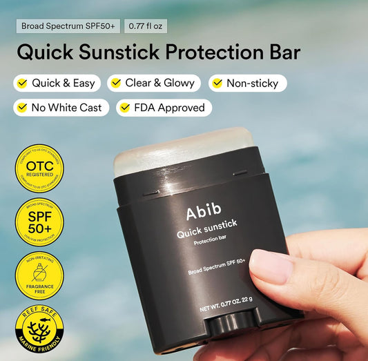 Abib Barra de protección rápida SPF50+ 0.77 oz (22 g) (brillante), protector solar coreano, sin Whitecast, barra solar protectora, extracto de centella asiática, extracto de aloe