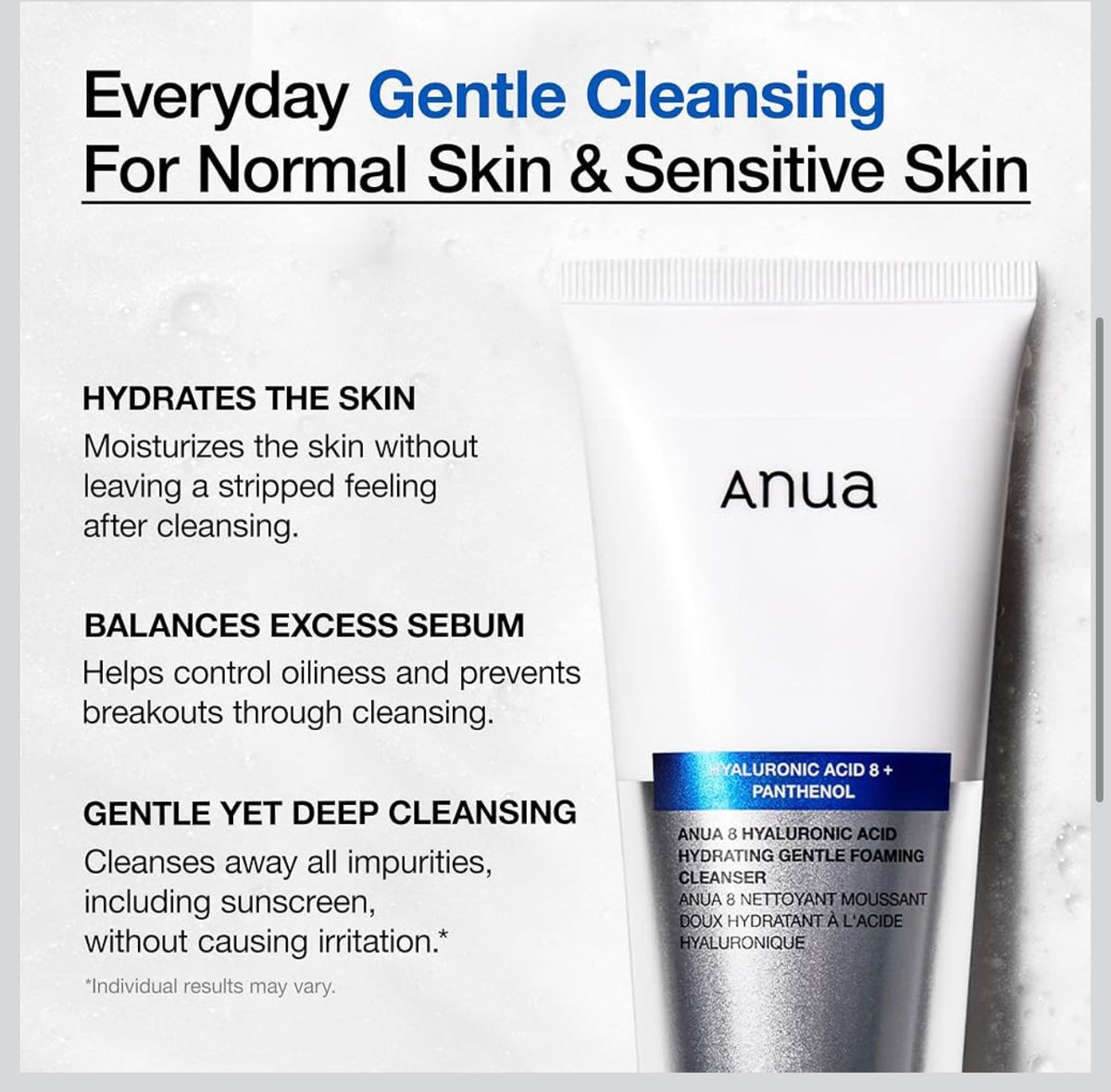 Anua - Limpiador facial hidratante de espuma suave, ácido hialurónico, glicerina, zinc, pantenol, lavado facial coreano para pieles secas, para doble limpieza, cuidado de la piel coreano (150ml/5.07fl
