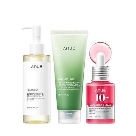 Set de Principiante de 3 Pasos para Piel de Vidrio de ANUA, Doble Limpieza con Suero Facial, Limpiador en Aceite y Jabón Facial con Heartleaf, Rutina Diaria con Niacinamida, Set de Cuidado de la Pi