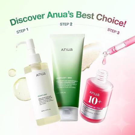 Set de Principiante de 3 Pasos para Piel de Vidrio de ANUA, Doble Limpieza con Suero Facial, Limpiador en Aceite y Jabón Facial con Heartleaf, Rutina Diaria con Niacinamida, Set de Cuidado de la Pi