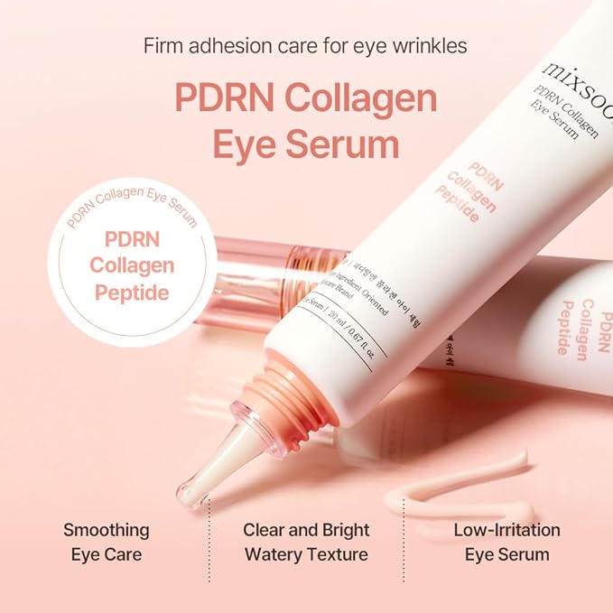 mixsoon PDRN - Suero de colágeno para ojos, suero revivido debajo de los ojos con fórmula suave y suave para pieles sensibles debajo de los ojos, 0.68 onzas líquidas, vidrio coreano para el cuidado de la piel