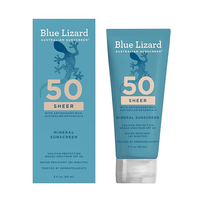Blue Lizard Sheer Mineral SPF 50 Loción de protección solar, óxido de zinc, fórmula 100% mineral, nutre con lima australiana del desierto y melocotón, sin parabenos, sin fragancia, 3 onzas líquidas