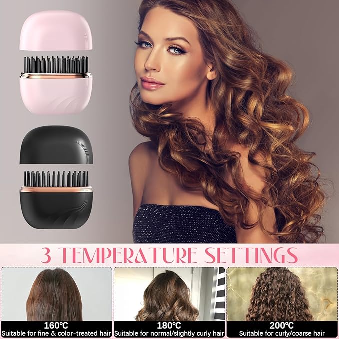 Mini cepillo alisador de pelo, recargable inalabrico, control de temperatura de 3 velocidades, portatil para el hogar y viajes, negro.
