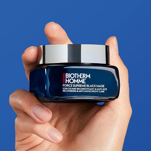 Biotherm Homme Force Supreme Máscara negra suprema, máscara de noche recuperadora y antienvejecimiento para hombres con algas cultivadas oscuras y algas azules, rellena y energiza la piel, suaviza las arrugas durante la noche, 1.7 onzas líquidas