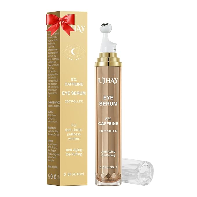 Crema de ojos con 5% de cafeína, suero para debajo de los ojos para ojeras, hinchazón y arrugas, líneas finas, suero para masaje de ojos con bola de masaje de 360°, bálsamo para el tratamiento