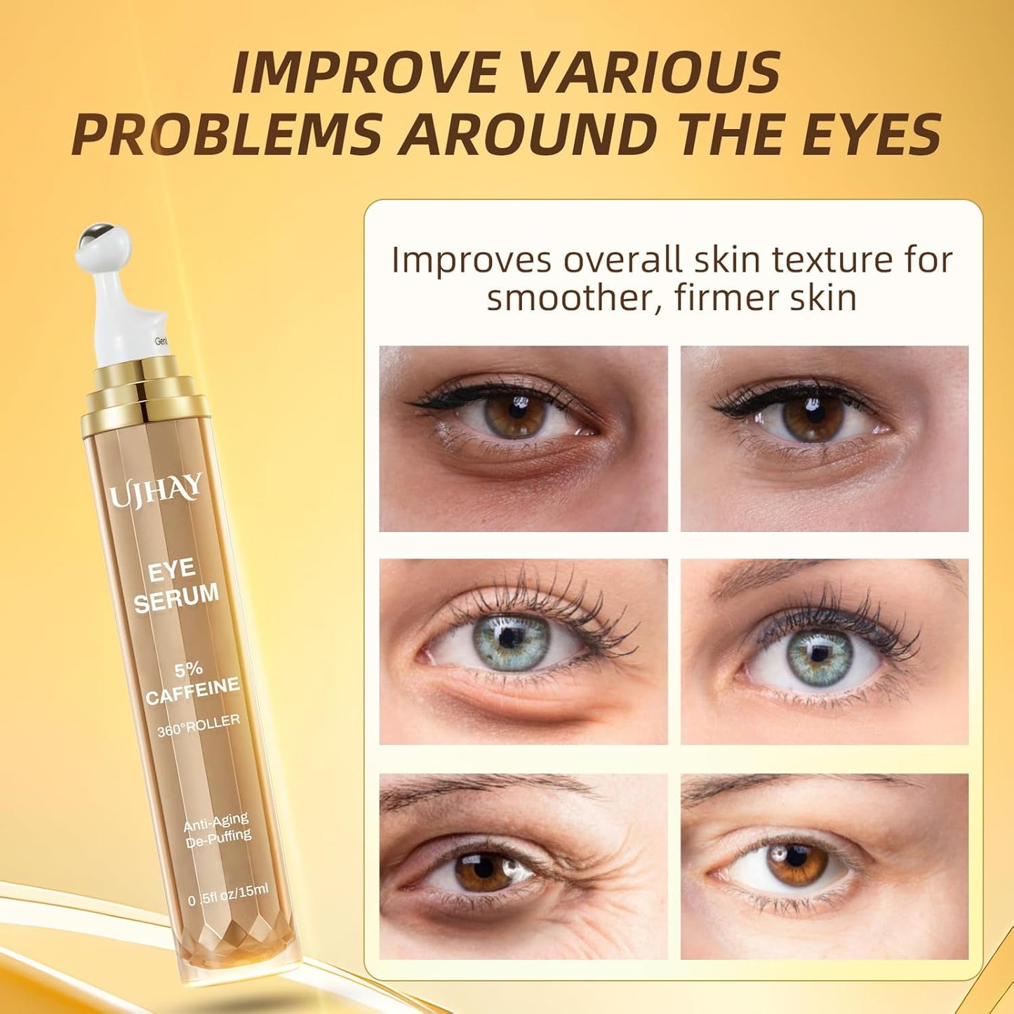 Crema de ojos con 5% de cafeína, suero para debajo de los ojos para ojeras, hinchazón y arrugas, líneas finas, suero para masaje de ojos con bola de masaje de 360°, bálsamo para el tratamiento