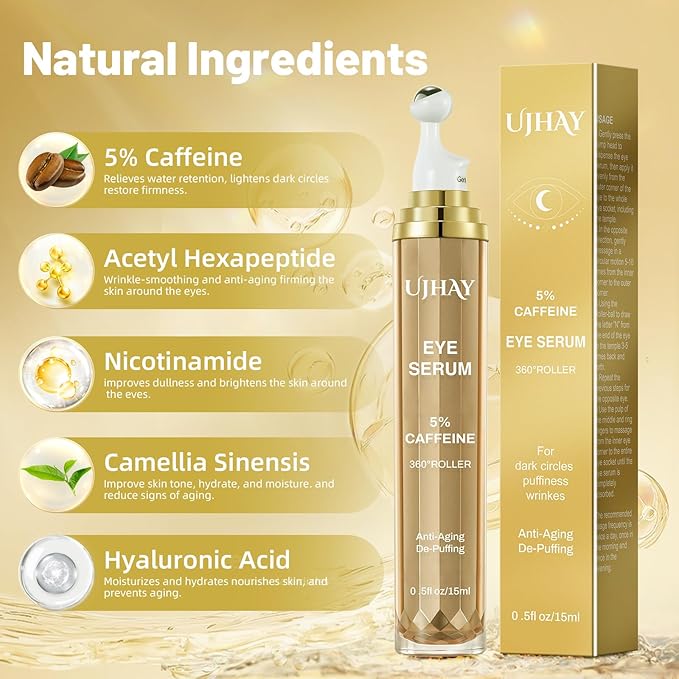 Crema de ojos con 5% de cafeína, suero para debajo de los ojos para ojeras, hinchazón y arrugas, líneas finas, suero para masaje de ojos con bola de masaje de 360°, bálsamo para el tratamiento