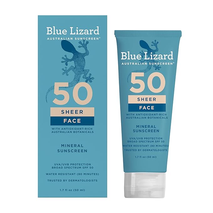 Blue Lizard Sheer Face Mineral SPF 50 Loción de protección solar, fórmula 100% mineral, protección contra la luz azul, ligera, sin residuo blanco, nutre e hidrata, sin parabenos, sin fragancia, 1.7 fl