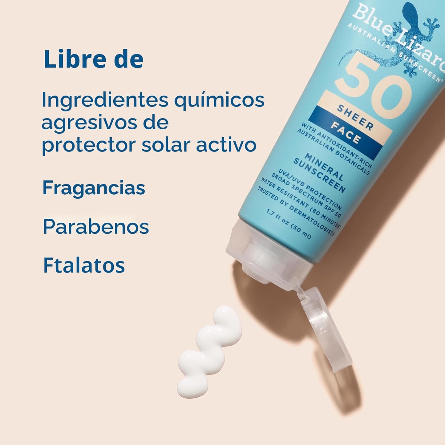 Blue Lizard Sheer Face Mineral SPF 50 Loción de protección solar, fórmula 100% mineral, protección contra la luz azul, ligera, sin residuo blanco, nutre e hidrata, sin parabenos, sin fragancia, 1.7 fl