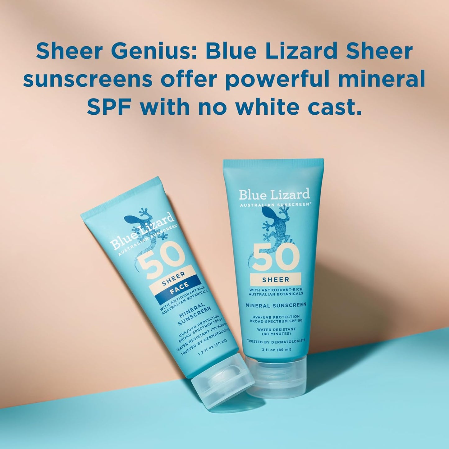 Blue Lizard Sheer Face Mineral SPF 50 Loción de protección solar, fórmula 100% mineral, protección contra la luz azul, ligera, sin residuo blanco, nutre e hidrata, sin parabenos, sin fragancia, 1.7 fl