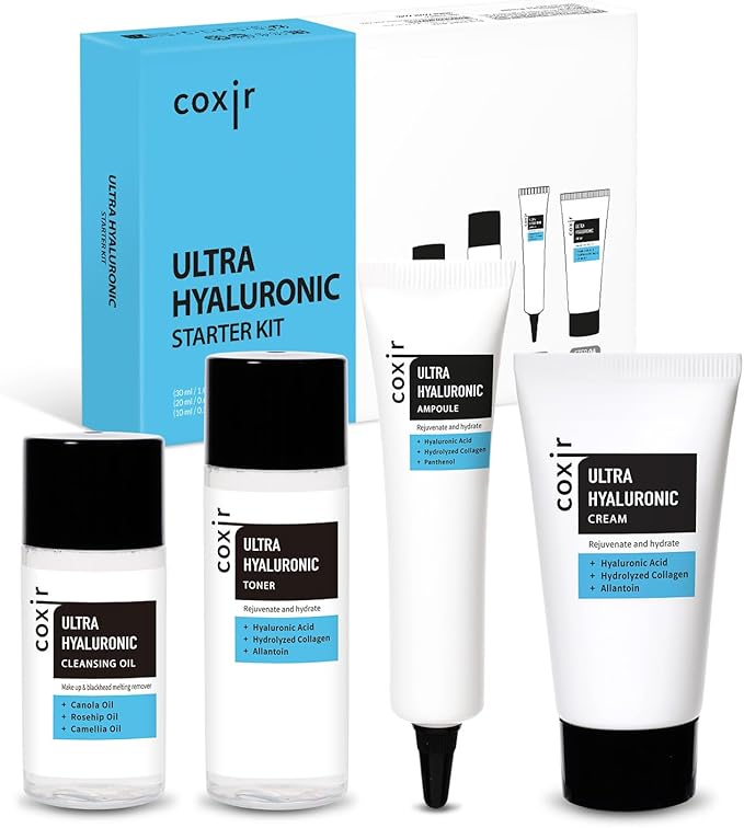 Kit Inicio: Ultra Hyaluronic – Aceite limpiador + tóner + ampolla + crema | Mini kit de cuidado de la piel, juego de cuidado de la piel coreano tamaño viaje, rutina hidratante | Mini regalo de Navidad