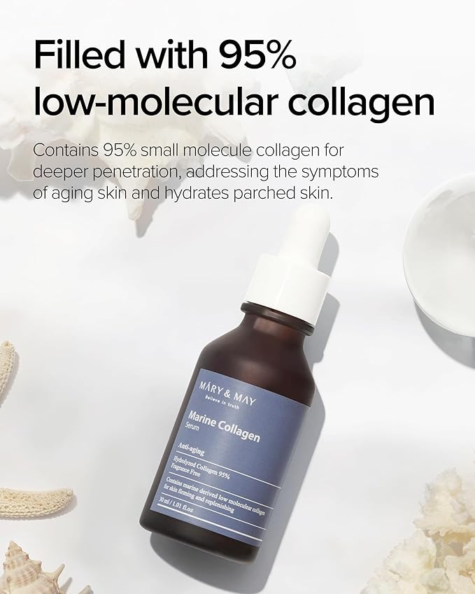 Sérum Mary&May Marine Collagen Serum - Colágeno hidrolizado de bajo peso molecular para reafirmar y reponer la piel, hidratante, cuidado de la piel coreano, sin fragancia