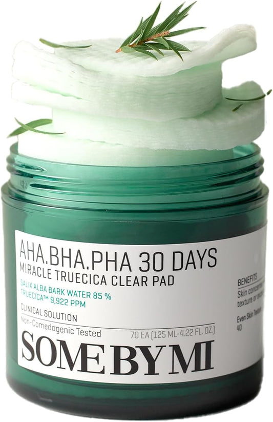SOME BY MI AHA BHA PHA 30 Days Miracle Truecica Clear Pad - 70 almohadillas - Almohadillas de tóner facial centella exfoliante coreano - Limpia suavemente las impurezas, refina los poros y suaviza.