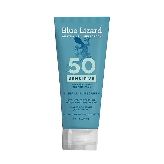Blue Lizard - Protector solar mineral SENSIBLE con óxido de zinc, SPF 50+, resistente al agua, protección UVA/UVB con tecnología Smart Cap – Sin fragancia, tubo de 3 onzas
