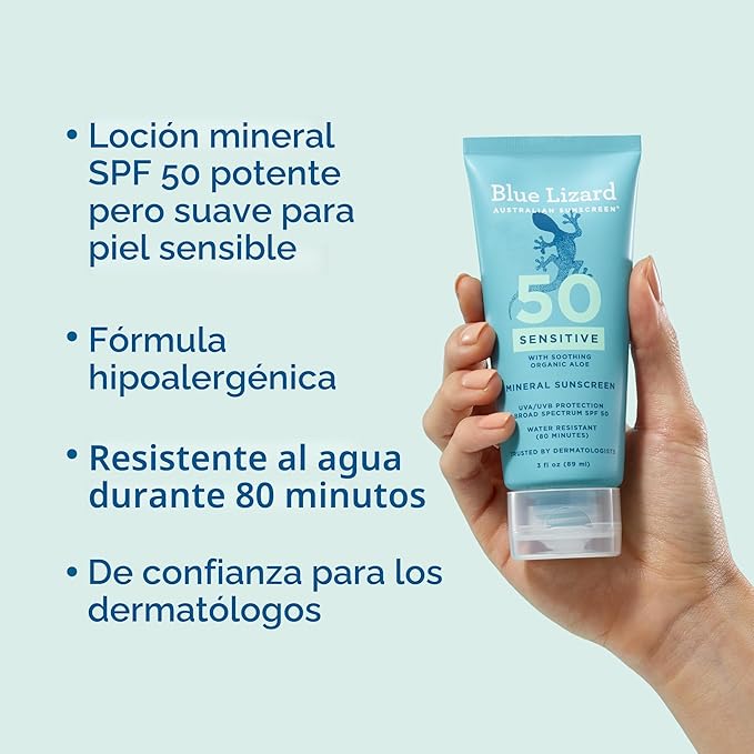 Blue Lizard - Protector solar mineral SENSIBLE con óxido de zinc, SPF 50+, resistente al agua, protección UVA/UVB con tecnología Smart Cap – Sin fragancia, tubo de 3 onzas