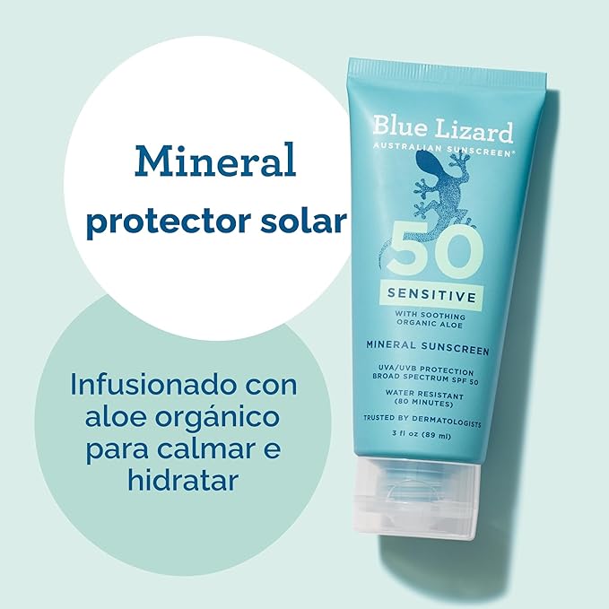 Blue Lizard - Protector solar mineral SENSIBLE con óxido de zinc, SPF 50+, resistente al agua, protección UVA/UVB con tecnología Smart Cap – Sin fragancia, tubo de 3 onzas