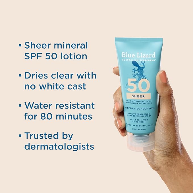 Blue Lizard Sheer Mineral SPF 50 Loción de protección solar, óxido de zinc, fórmula 100% mineral, nutre con lima australiana del desierto y melocotón, sin parabenos, sin fragancia, 3 onzas líquidas