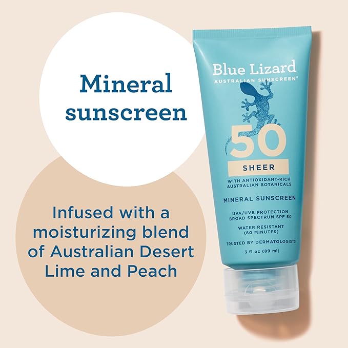 Blue Lizard Sheer Mineral SPF 50 Loción de protección solar, óxido de zinc, fórmula 100% mineral, nutre con lima australiana del desierto y melocotón, sin parabenos, sin fragancia, 3 onzas líquidas