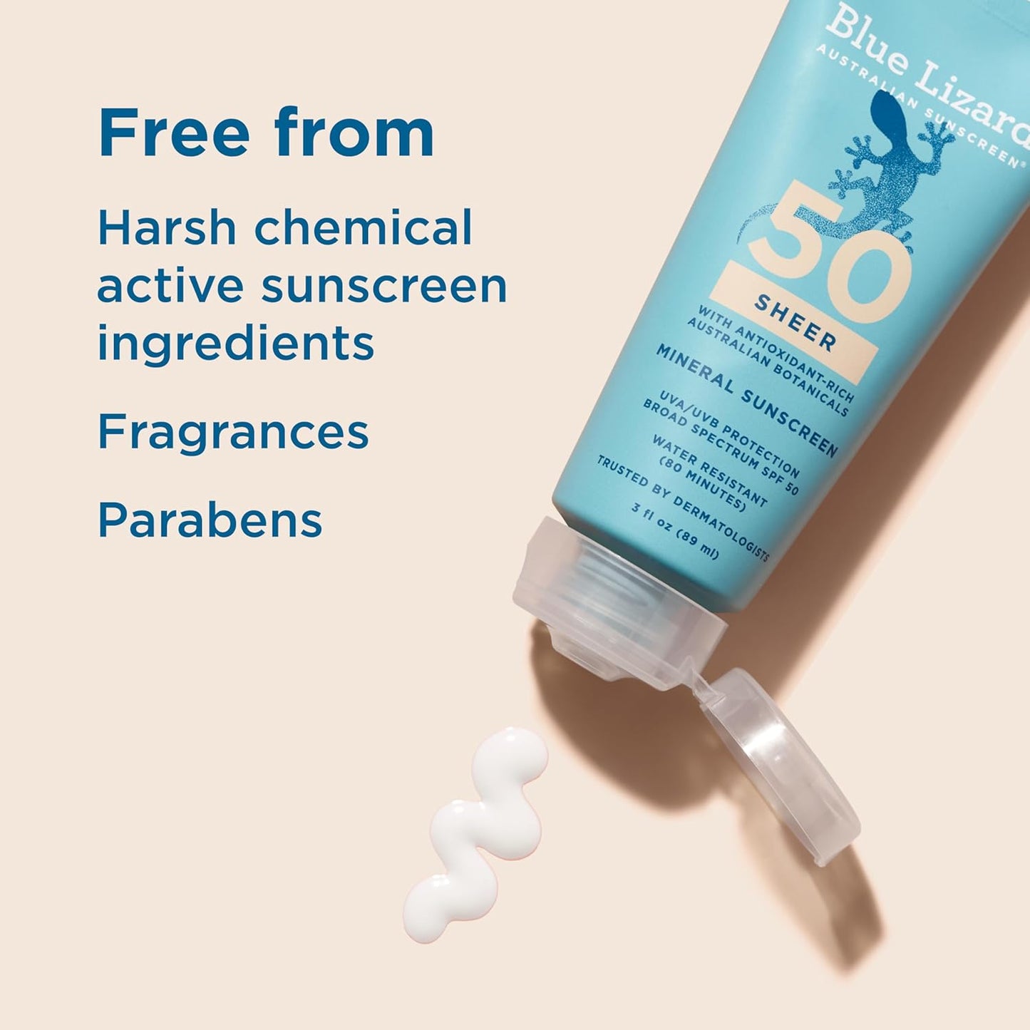Blue Lizard Sheer Mineral SPF 50 Loción de protección solar, óxido de zinc, fórmula 100% mineral, nutre con lima australiana del desierto y melocotón, sin parabenos, sin fragancia, 3 onzas líquidas