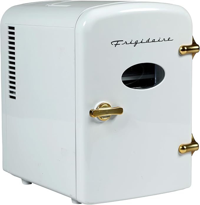 Frigidaire Mini refrigerador retro personal, con capacidad para hasta 9 latas, portátil para auto, oficina, dormitorio, habitación universitaria o cabaña, incluye cables de 110V CA y 12V CC - Oro