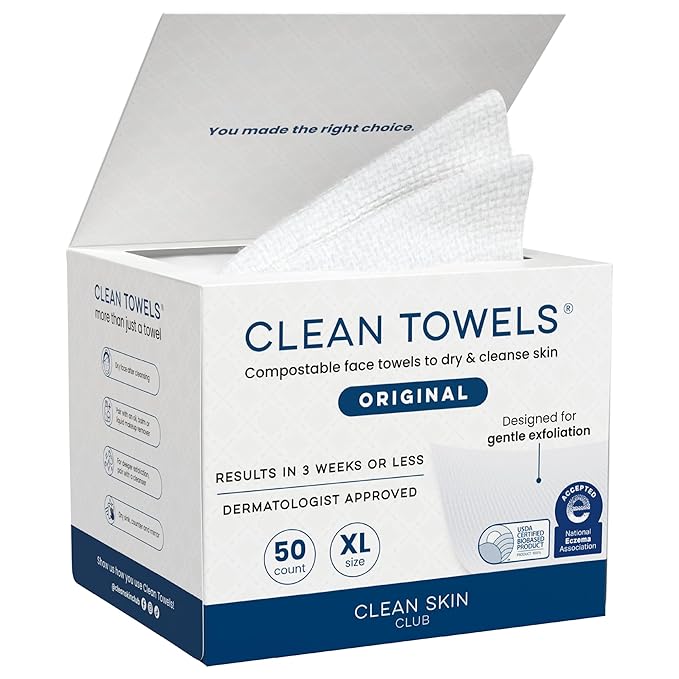 Clean Skin Club - Clean Toallas XL Toallitas desechables para quitar maquillaje | Dermatologicamente probada y aprobada | 100% orgánica y libre de crueldad | Super suave para piel sensible | 50CT( Una sola caja)