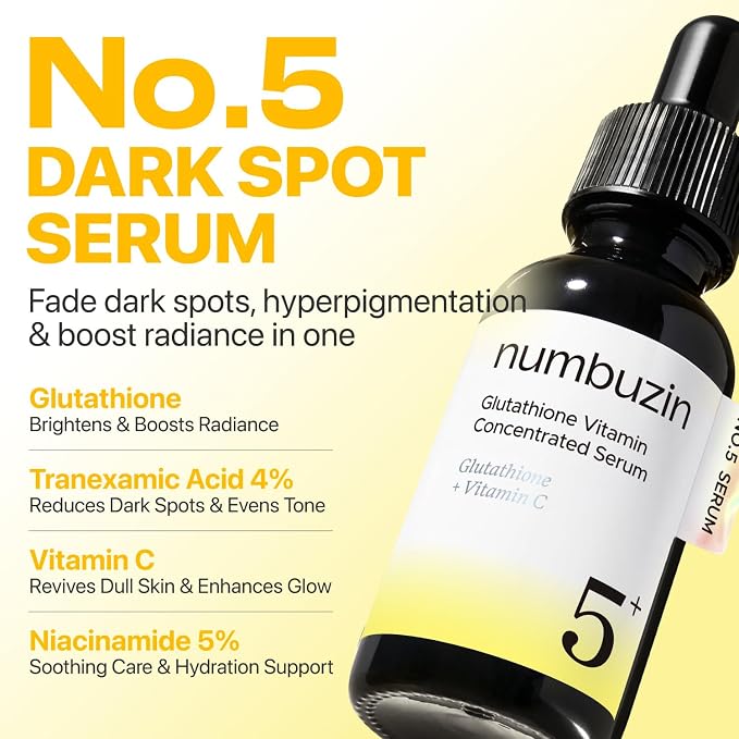 Numbuzin No.5 Suero concentrado de vitaminas, cuidado de manchas oscuras, suero de glutatión y vitamina, cuidado de la piel coreano, ácido tranexámico 4%, niacinamida 5%, para un brillo de aspecto radiante, 1.01 onzas líquidas